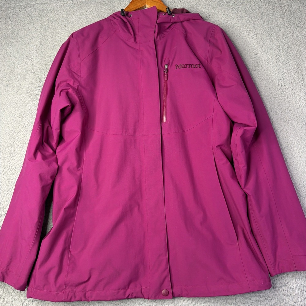 Marmot Waterproof Hood Zip Rain Wind Jacket Purple Women Large